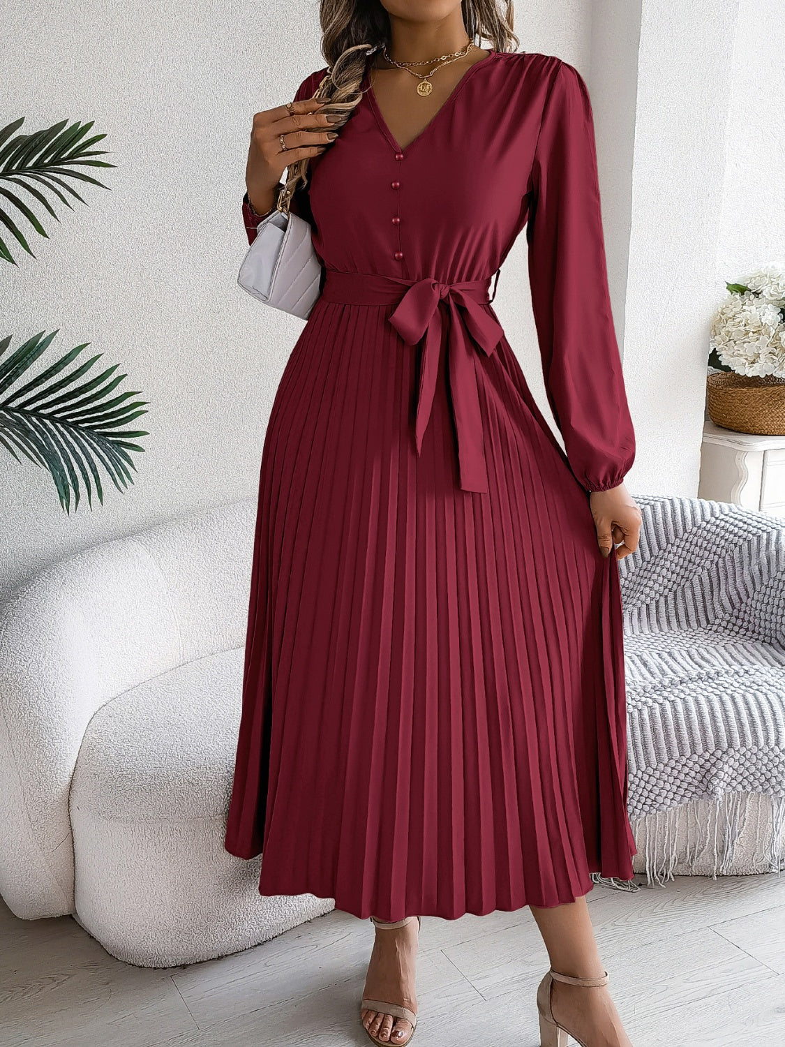 NL Pleated Tied V-Neck Dress