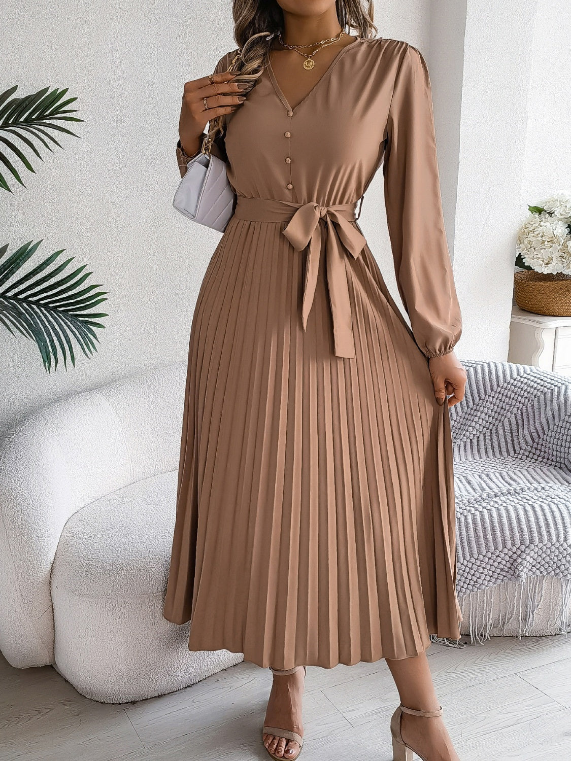 NL Pleated Tied V-Neck Dress