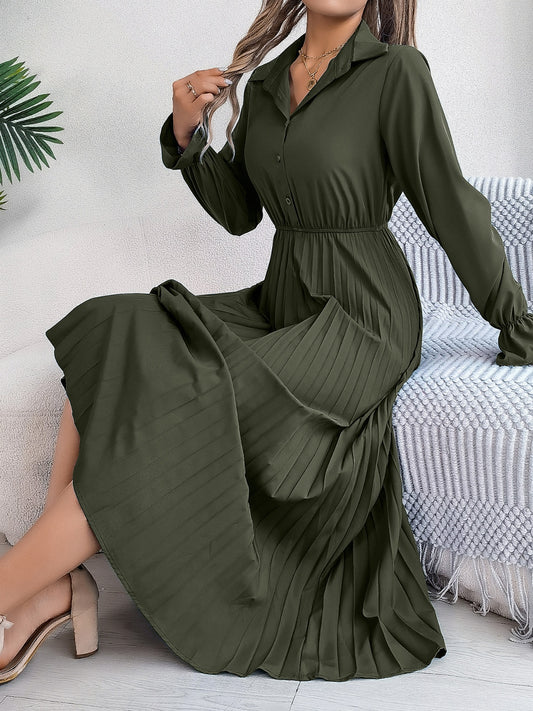 NL Pleated Half Button Midi Dress