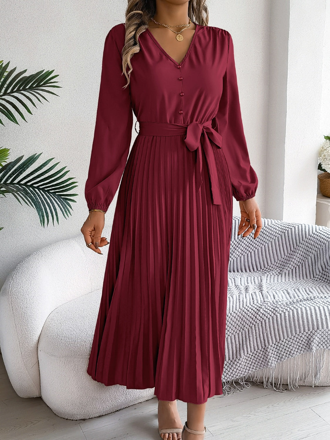 NL Pleated Tied V-Neck Dress