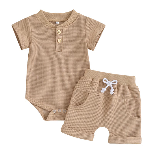 Toddler Newborn Baby Boy Summer Clothes Solid Color Waffle Short Sleeve Button Romper with Shorts 2Pcs Outfit 0-12M