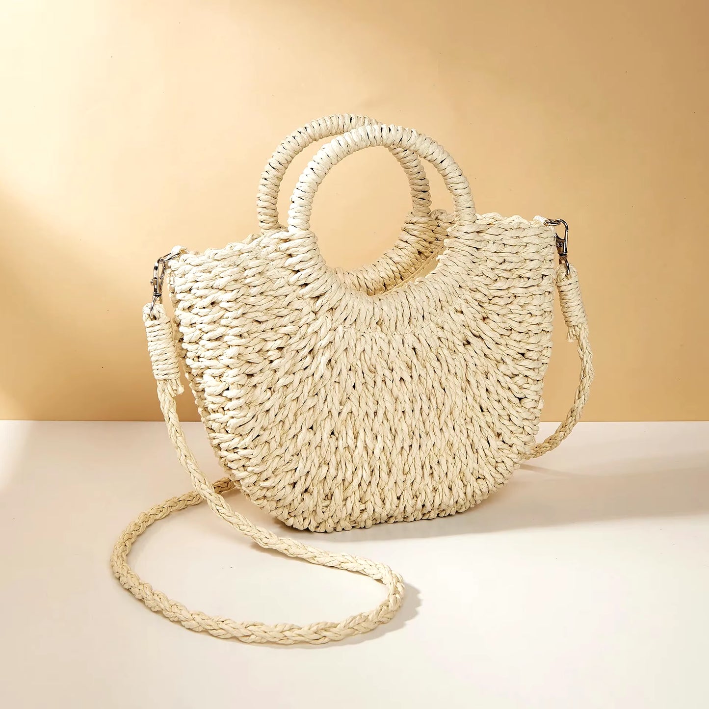 Handwoven Straw Rattan Half-Moon Beach Handbag Large Capacity Women Summer Hollow Out Crossbody Shoulder Bag