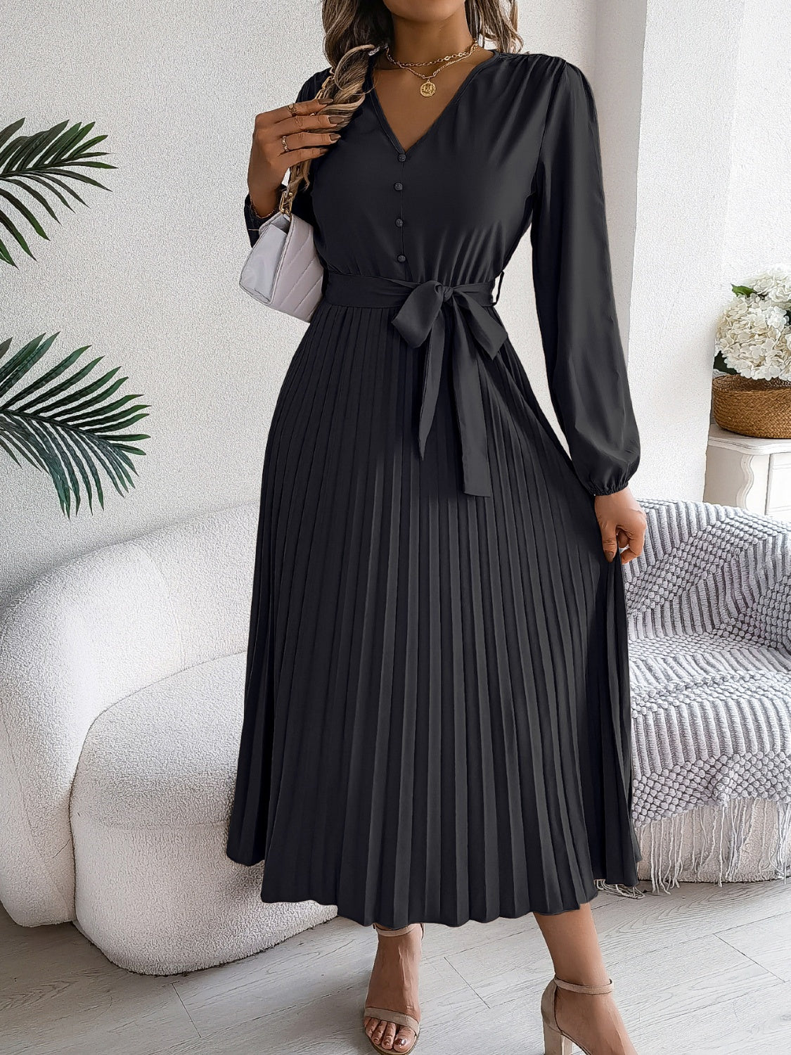 NL Pleated Tied V-Neck Dress