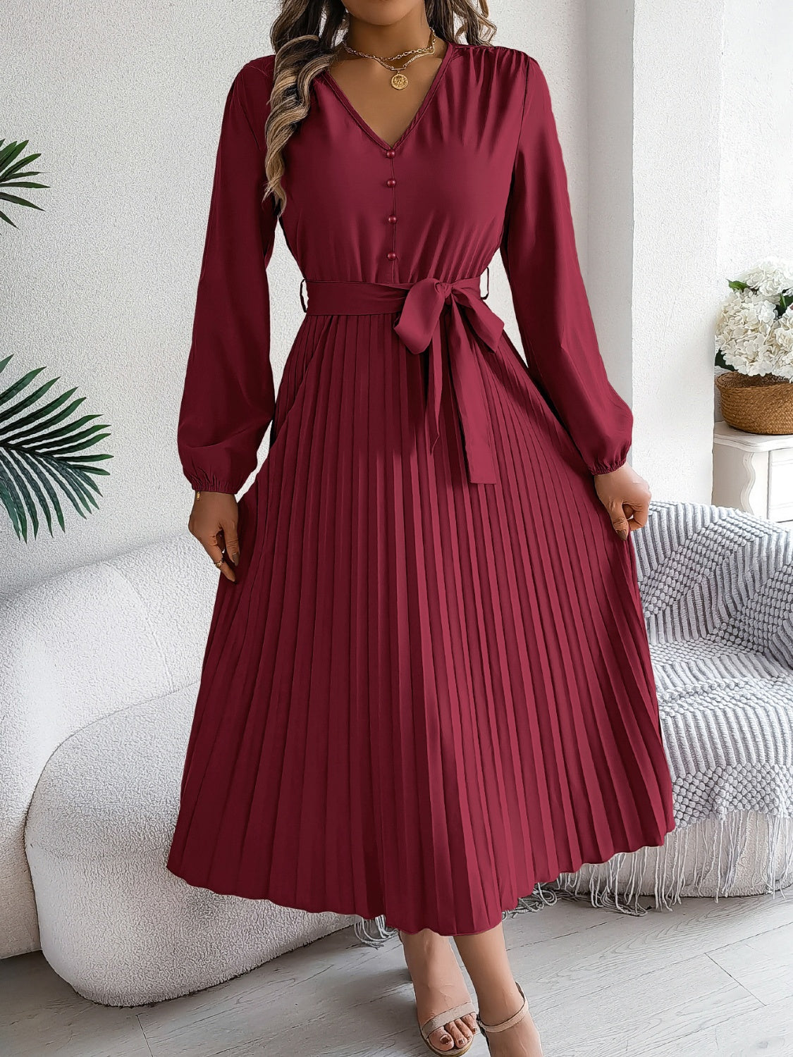 NL Pleated Tied V-Neck Dress