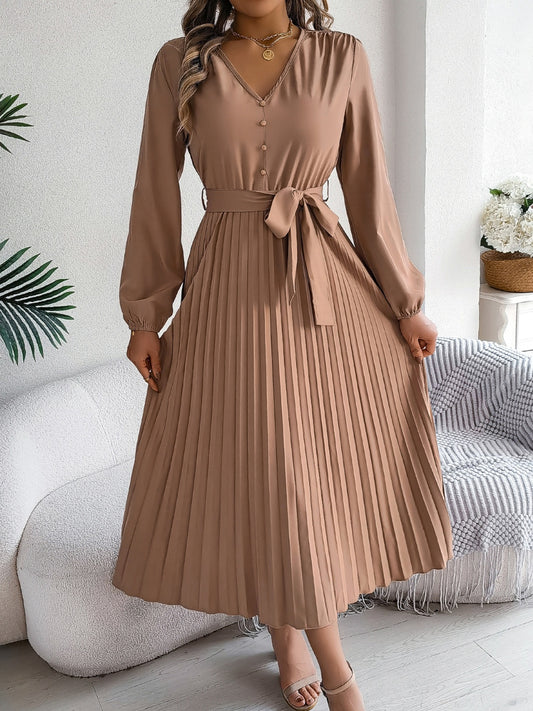 NL Pleated Tied V-Neck Dress