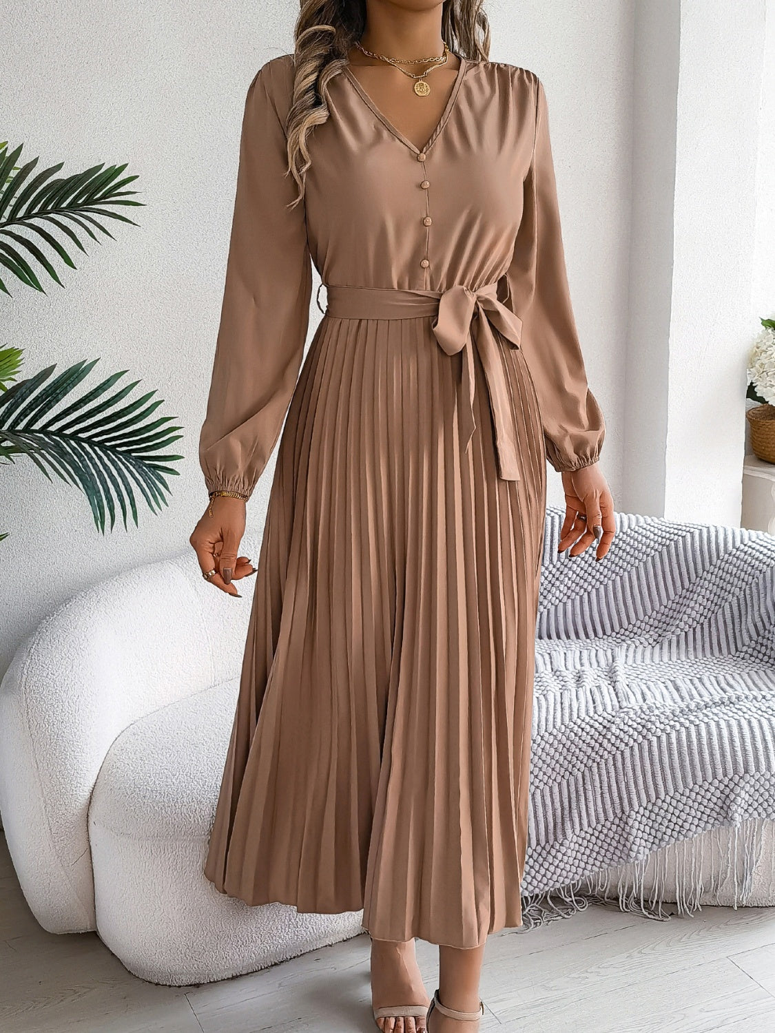 NL Pleated Tied V-Neck Dress