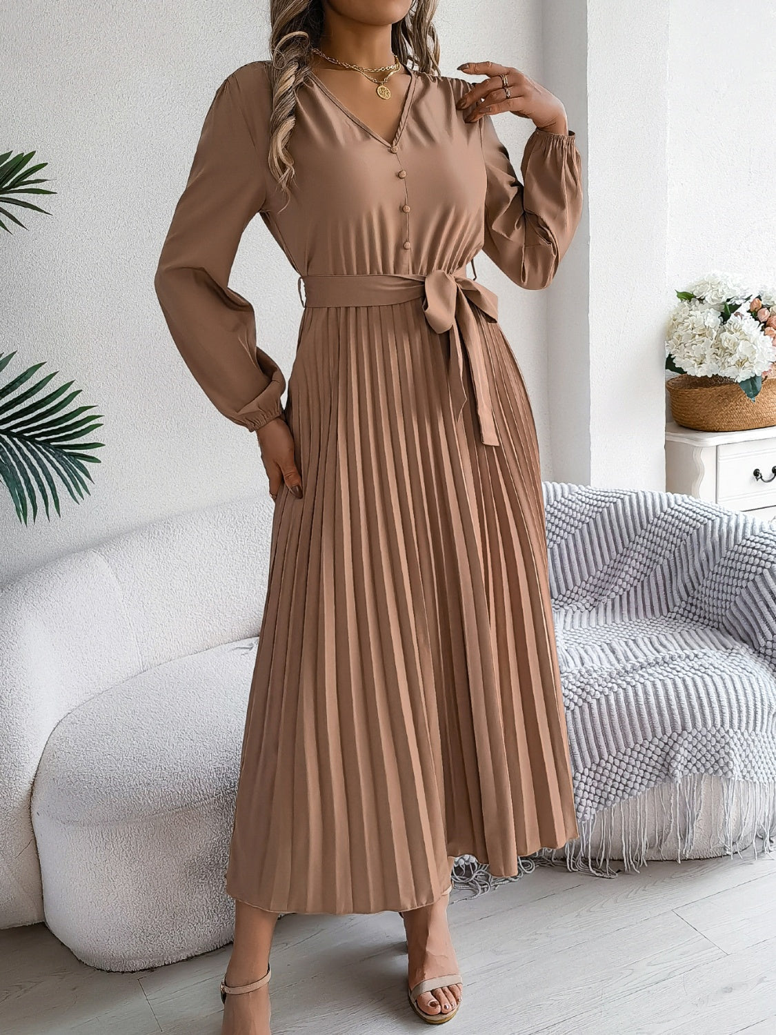 NL Pleated Tied V-Neck Dress