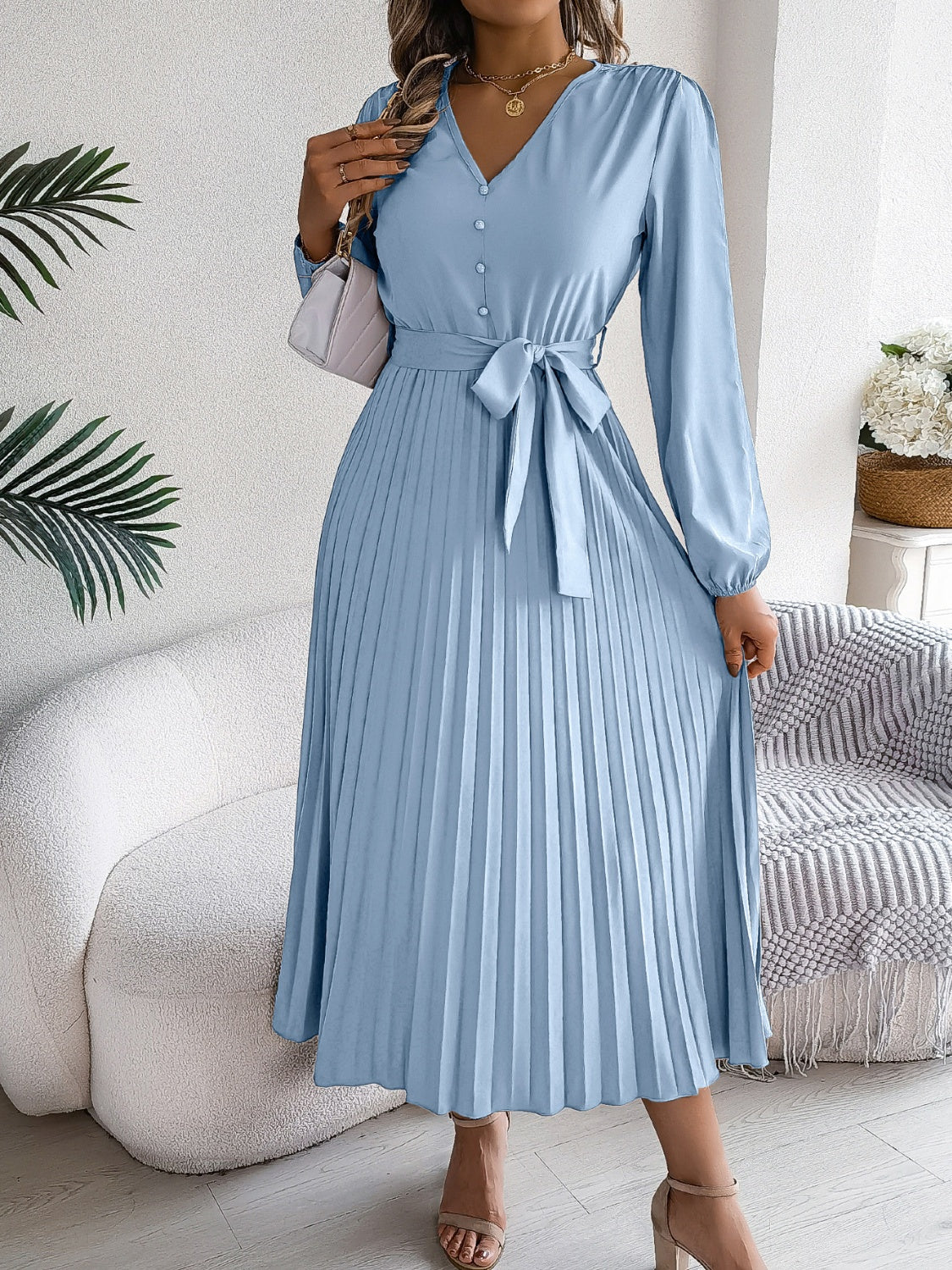 NL Pleated Tied V-Neck Dress