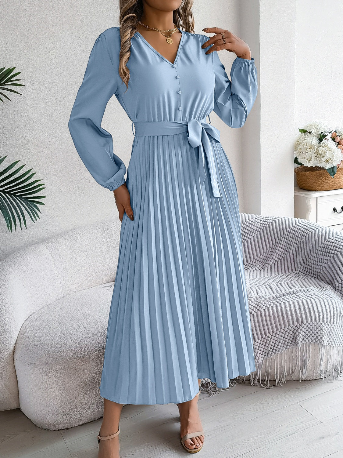 NL Pleated Tied V-Neck Dress