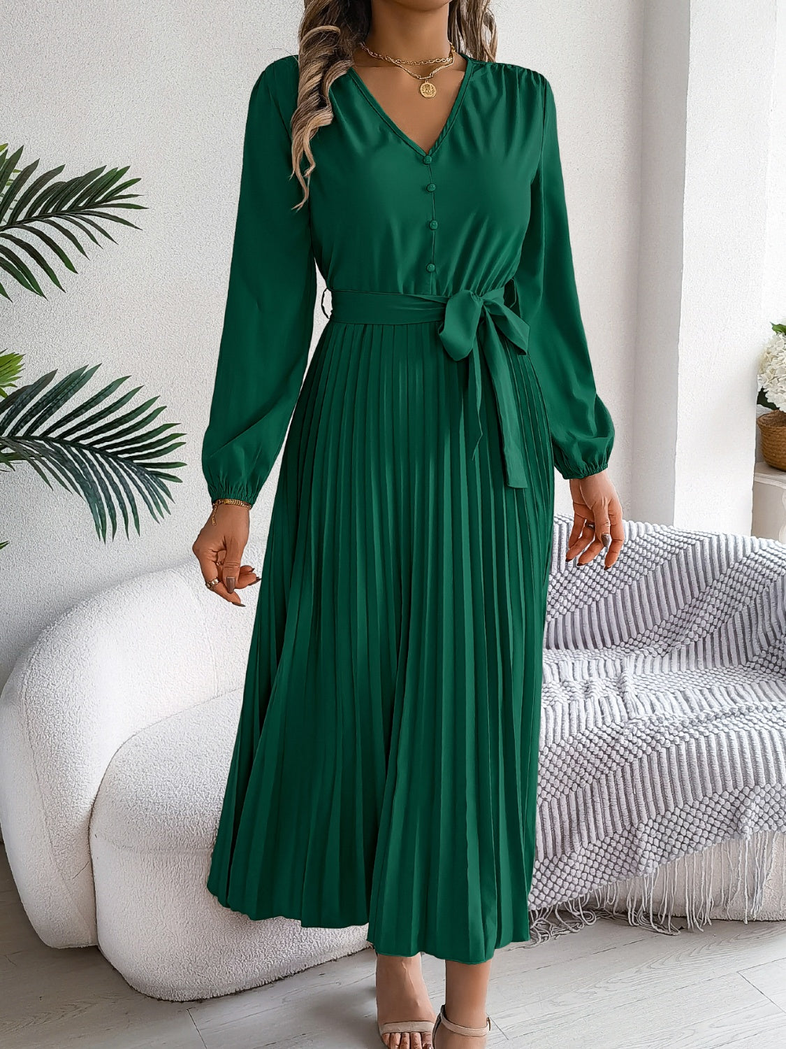 NL Pleated Tied V-Neck Dress