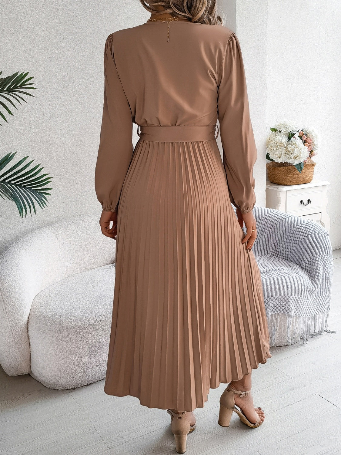 NL Pleated Tied V-Neck Dress