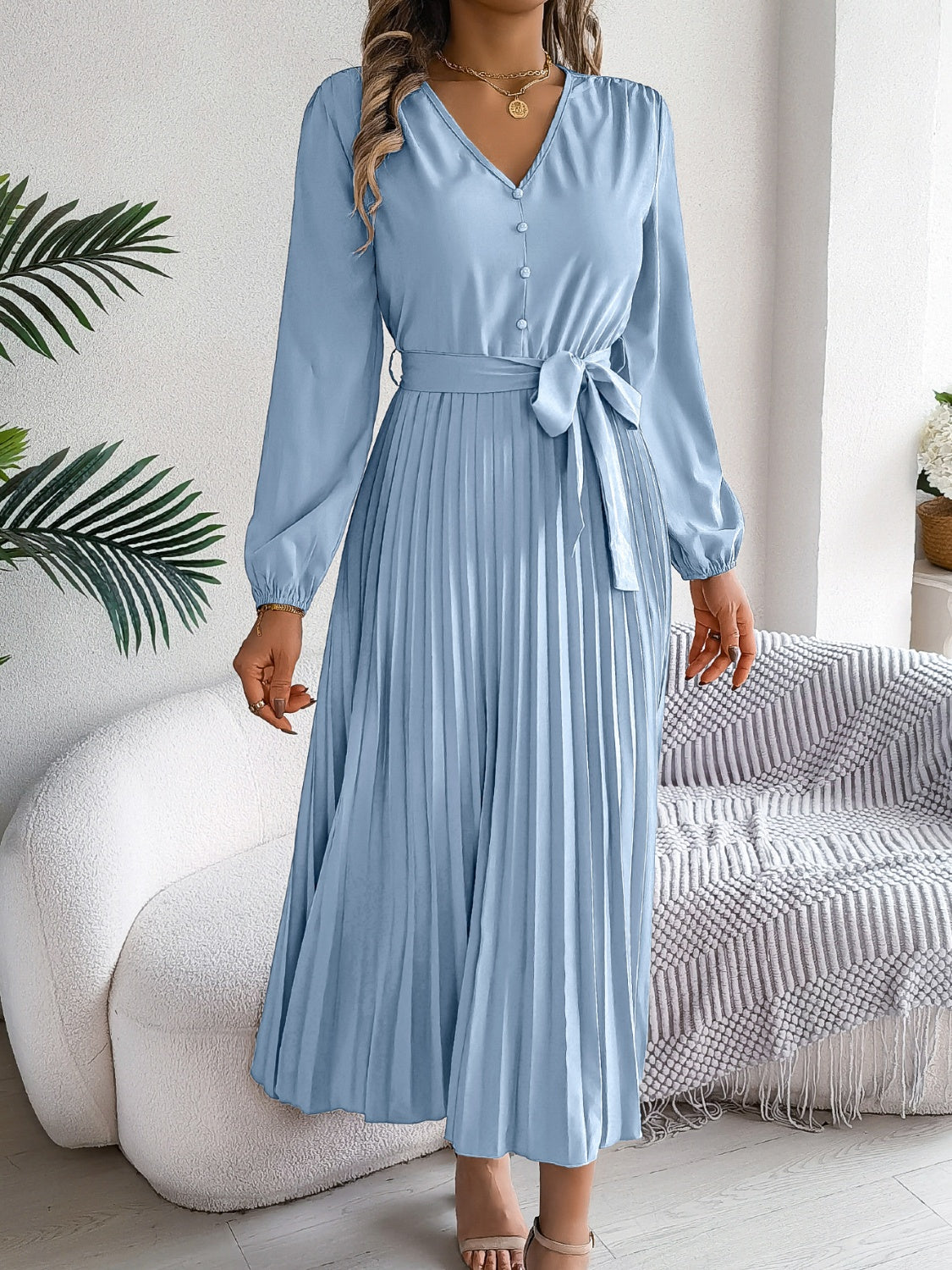 NL Pleated Tied V-Neck Dress